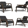 Modern Single Sofa With Black Leather Upholstery And Curved Wooden Armrests