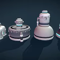 Futuristic Robot Sentry Weapons Featuring Various Designs And Glowing Blue Lights 3d model