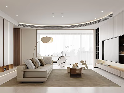 Modern Living Dining Room Interior With Sofa Floor Lamp TV Wall And Large Windows 3d model