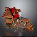 Wooden Building With Red Roof Water Mill Wheel And Mechanical Conveyor Detailed Design