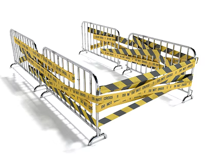 Metallic Temporary Barriers With Yellow Black Warning Tape And No Cross Signs 3d model