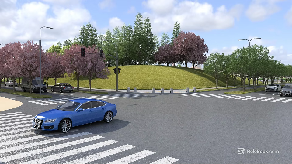 Scenic Municipal Road With Intersection Zebra Crossing Traffic Lights Street Lamps Trees And Green Grassland 3d model 