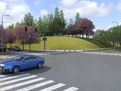Scenic Municipal Road With Intersection Zebra Crossing Traffic Lights Street Lamps Trees And Green Grassland 3d model