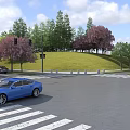 Scenic Municipal Road With Intersection Zebra Crossing Traffic Lights Street Lamps Trees And Green Grassland