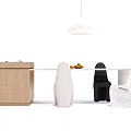 Modern Dining Table Set With Wooden Cabinet White Black Chairs And Fruit Bowl
