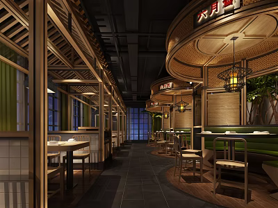 Traditional Chinese Restaurant Interior With Wooden Structure Lanterns And Green Plants 3d model