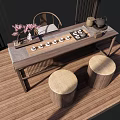 Wooden Tea Table and Chairs with Round Stools and Tea Sets and Pink Flowers