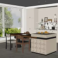 Restaurant Interior With Large Windows Blinds Green Plants Dining Table Chairs And Marble Island Countertop