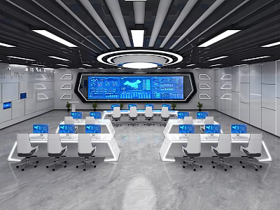 Modern Monitoring Room Interior With Large Display Screen Multiple Workstations And Control Consoles 3d model