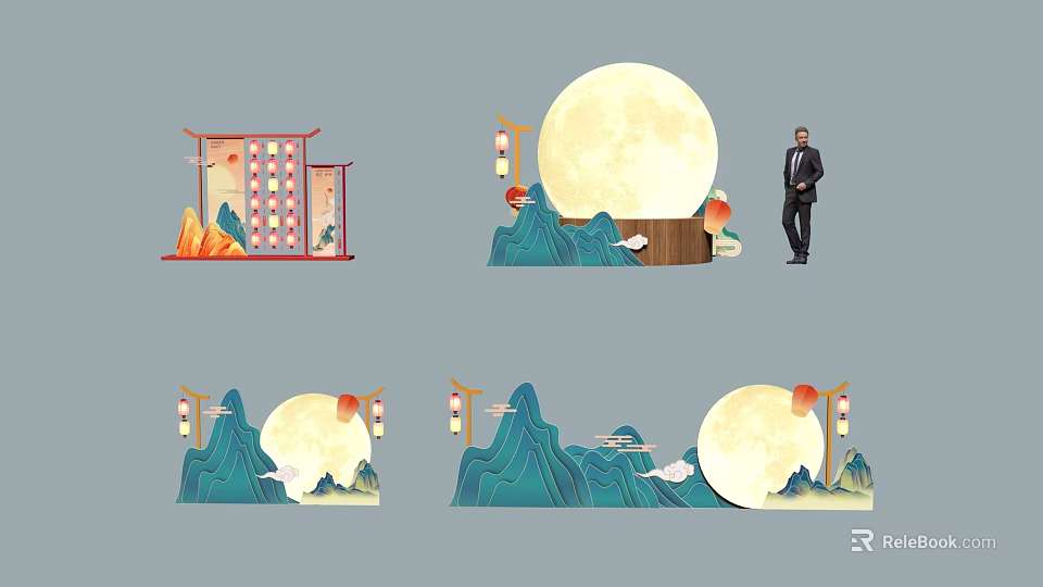 Traditional Chinese Style Inflatable Scenery Decorations With Mountain Moon And Lantern Elements 3d model