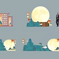 Traditional Chinese Style Inflatable Scenery Decorations With Mountain Moon And Lantern Elements 3d model