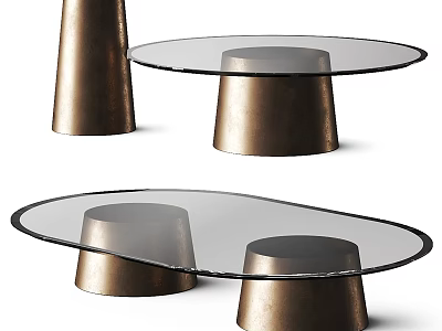 Modern Coffee Table With Glass Top And Metallic Cone Shaped Bronze Bases 3d model