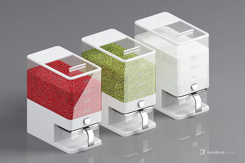 Three Different Colored Kitchen Grain Dispensers With Transparent Design And Easy Dispensing Levers 3d model 