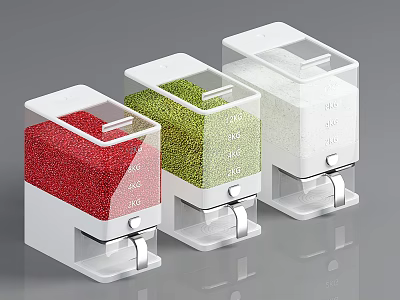 Three Different Colored Kitchen Grain Dispensers With Transparent Design And Easy Dispensing Levers 3d model