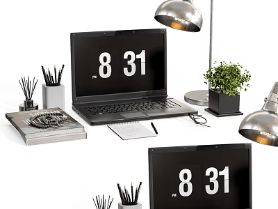 Modern Workspace Accessories Including Laptop Showing 8 31 Time Desk Lamp Potted Plant And Notebooks 3d model