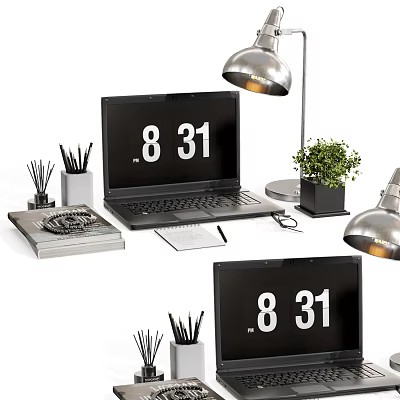 Modern Workspace Accessories Including Laptop Showing 8 31 Time Desk Lamp Potted Plant And Notebooks 3d model
