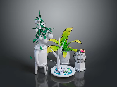 Various Potted Plants With Green Leaves Fruit Banana Leaves And Cactus In White Pots 3d model