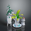 Various Potted Plants With Green Leaves Fruit Banana Leaves And Cactus In White Pots