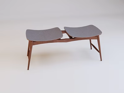 Modern Double Seat Stool With Gray Padded Surface And Wooden Legs 3d model