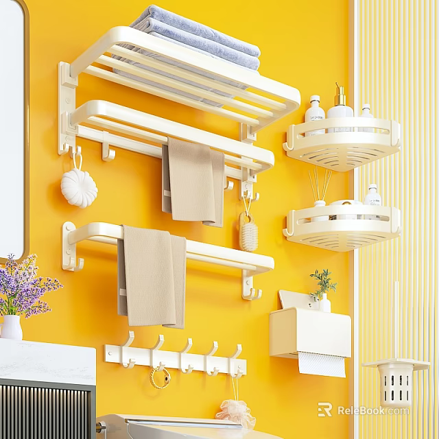 White Bathroom Accessories On Yellow Wall With Towel Racks Shelves Hooks And Towels 3d model 