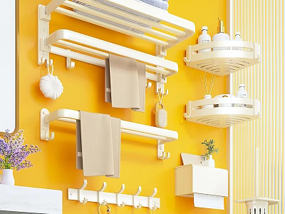 White Bathroom Accessories On Yellow Wall With Towel Racks Shelves Hooks And Towels 3d model