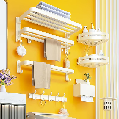 White Bathroom Accessories On Yellow Wall With Towel Racks Shelves Hooks And Towels 3d model