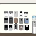 Modern Kitchen Setting With Wall Mounted Household Appliances Various Colors Styles Water Dispensers And Refrigerators