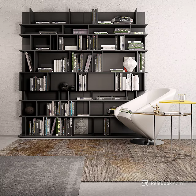 Modern Black Bookcase Interior With Books White Chair And Side Table On Rug 3d model 