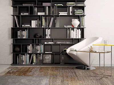 Modern Black Bookcase Interior With Books White Chair And Side Table On Rug 3d model