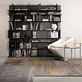 Modern Black Bookcase Interior With Books White Chair And Side Table On Rug