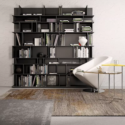 Modern Black Bookcase Interior With Books White Chair And Side Table On Rug 3d model