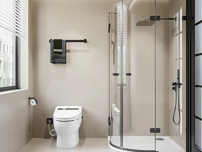 Modern Bathroom Interior Design With Smart Toilet Glass Shower Enclosure Beige Walls And Window Blinds 3d model