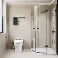 Modern Bathroom Interior Design With Smart Toilet Glass Shower Enclosure Beige Walls And Window Blinds