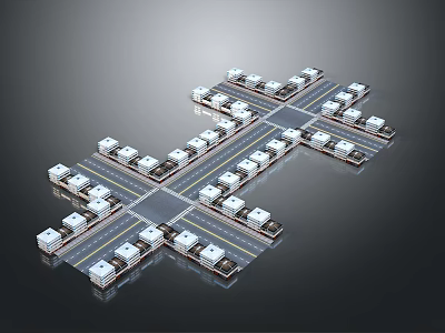 White Mini Trucks Neatly Arranged In Cross Shaped Structure On Dark Background 3d model