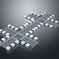 White Mini Trucks Neatly Arranged In Cross Shaped Structure On Dark Background 3d model