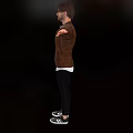Man In Brown Leather Jacket White Inner Shirt Black Pants Arms Outstretched On Black Background