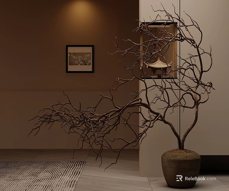 Decorative Bare Branches In Terracotta Pot With Framed Picture And Warm Lighting 3d model 