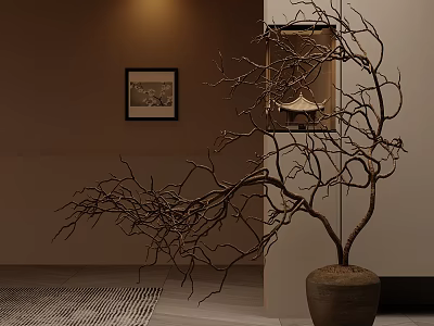 Decorative Bare Branches In Terracotta Pot With Framed Picture And Warm Lighting 3d model