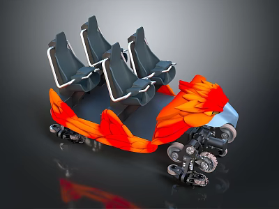 Amusement Park Ride With Four Black Seats Orange Red Wing Decorations And Mechanical Wheel Base 3d model