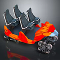 Amusement Park Ride With Four Black Seats Orange Red Wing Decorations And Mechanical Wheel Base