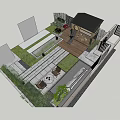 Courtyard Garden Design Featuring Stone Pathway Lawn Trees Wooden Structure And Outdoor Seating
