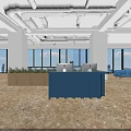 Modern Reception Area With Blue Front Desk Green Plants Blue Sofas And Large Windows