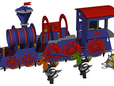 Colorful Playground Equipment Featuring Blue Train Red Wheels And Animal Shaped Spring Riders For Kids 3d model