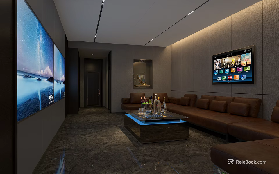 Modern KTV Room Interior With Brown Leather Sofas Large Screen TV And Coffee Table 3d model 
