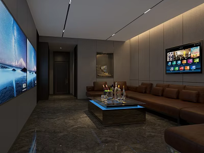 Modern KTV Room Interior With Brown Leather Sofas Large Screen TV And Coffee Table 3d model