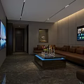 Modern KTV Room Interior With Brown Leather Sofas Large Screen TV And Coffee Table