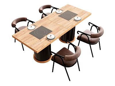 Modern Wooden Dining Table And Chair Set With Black Legs Brown Seats And Induction Cooktops 3d model