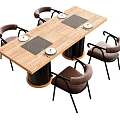 Modern Wooden Dining Table And Chair Set With Black Legs Brown Seats And Induction Cooktops