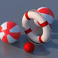 Red And White Lifebuoy With Two Balls And Small Red Ball On Gray Background