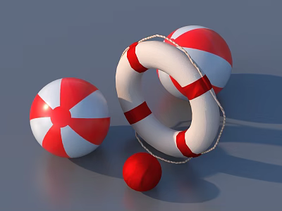 Red And White Lifebuoy With Two Balls And Small Red Ball On Gray Background 3d model
